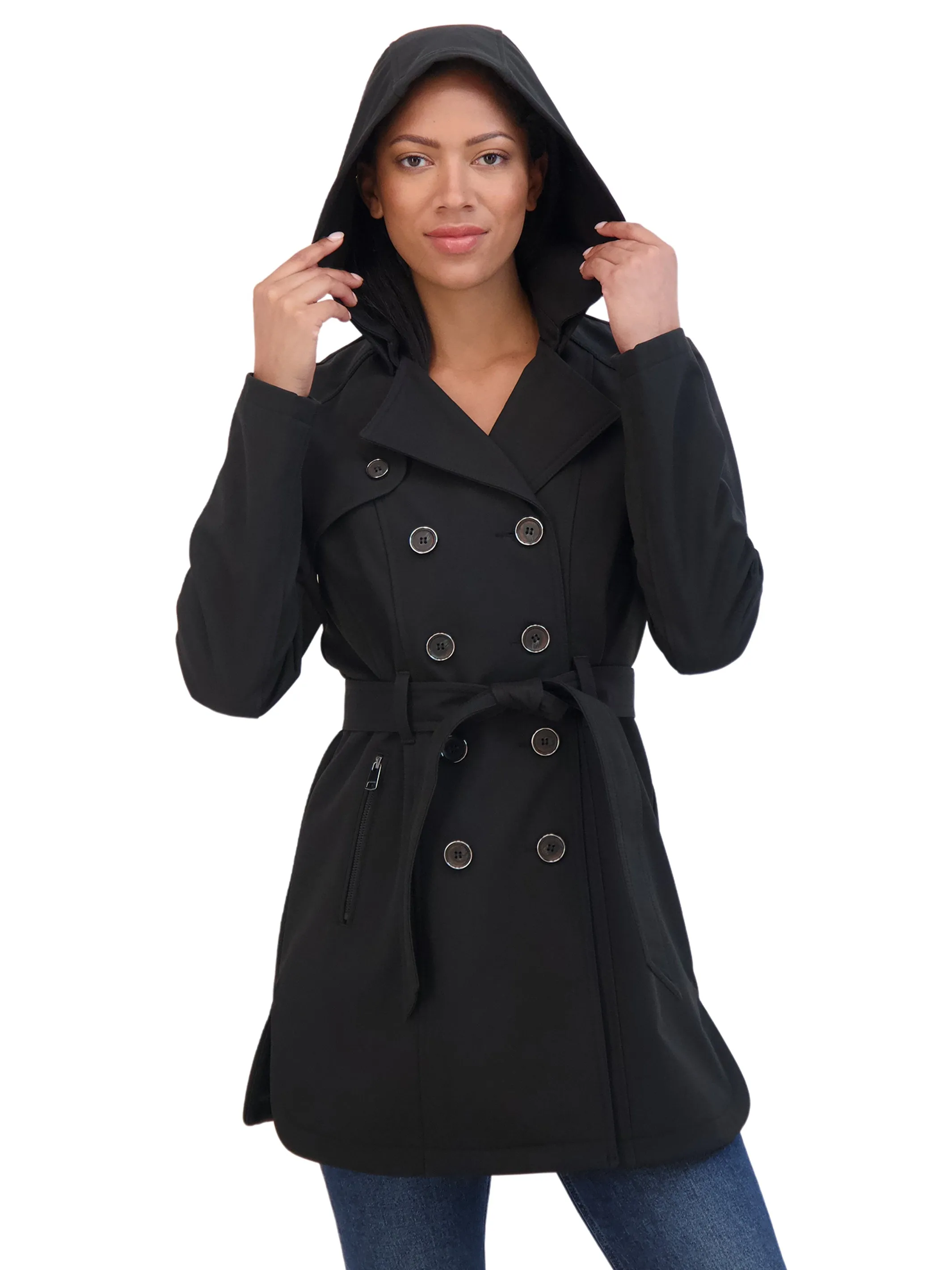 Sebby Collection Women's Belted Double Breasted Soft Shell Trench Coat With Detachable Hood