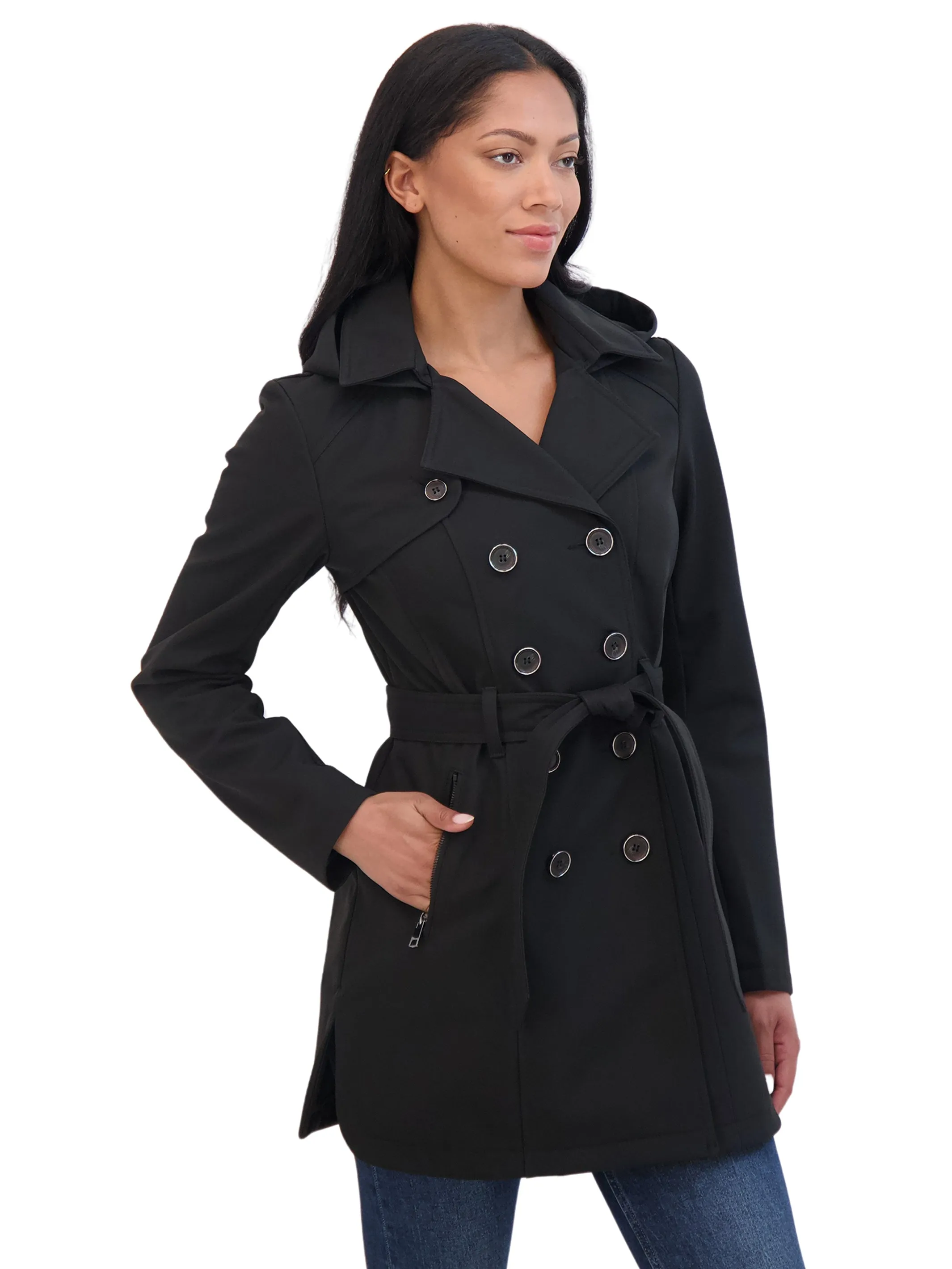 Sebby Collection Women's Belted Double Breasted Soft Shell Trench Coat With Detachable Hood