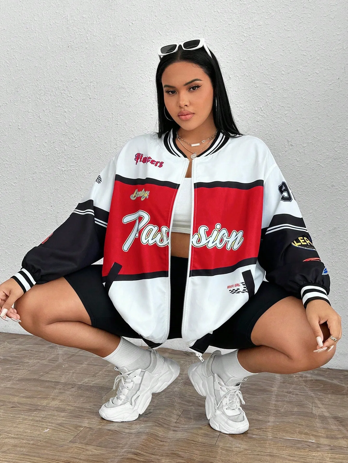 SHEIN EZwear Plus Letter Graphic Striped Trim Drop Shoulder Colorblock Varsity Jacket