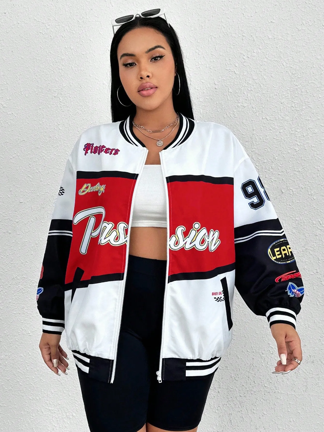 SHEIN EZwear Plus Letter Graphic Striped Trim Drop Shoulder Colorblock Varsity Jacket