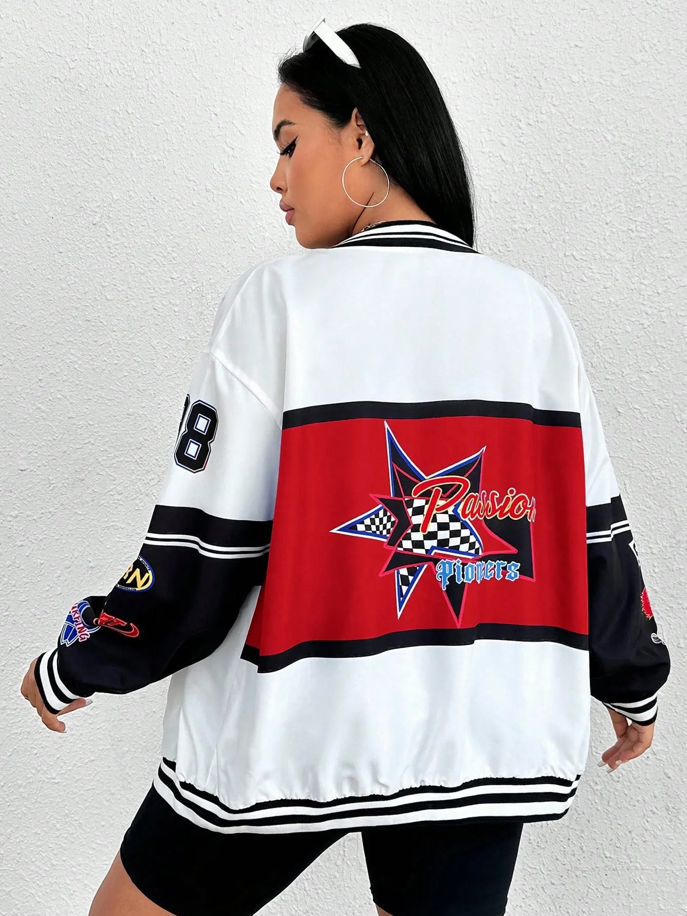 SHEIN EZwear Plus Letter Graphic Striped Trim Drop Shoulder Colorblock Varsity Jacket