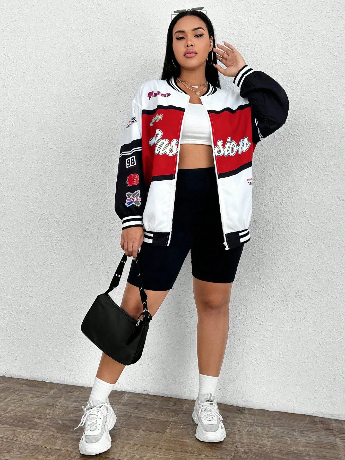 SHEIN EZwear Plus Letter Graphic Striped Trim Drop Shoulder Colorblock Varsity Jacket