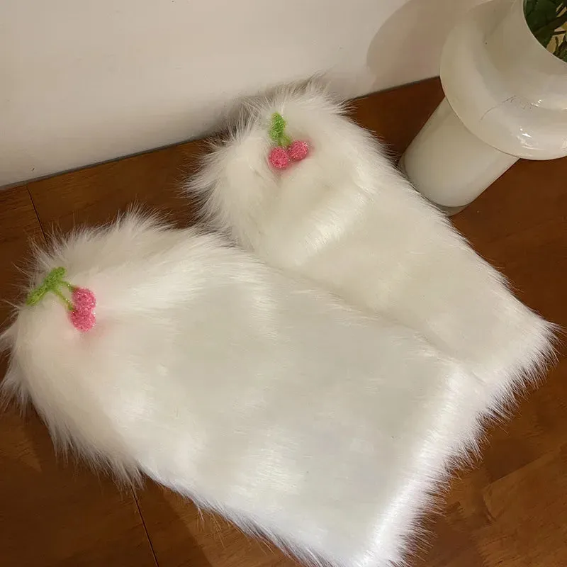 Sohiwoo Kawaii Fur Faux Leg Warmers Cherry Lolita Japanese Women Leggings Boots Covers Y2k Girls Harajuku Fur Foot Warming New Year Gift