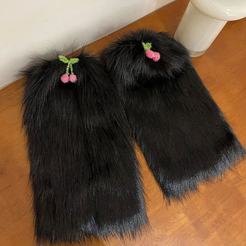 Sohiwoo Kawaii Fur Faux Leg Warmers Cherry Lolita Japanese Women Leggings Boots Covers Y2k Girls Harajuku Fur Foot Warming New Year Gift