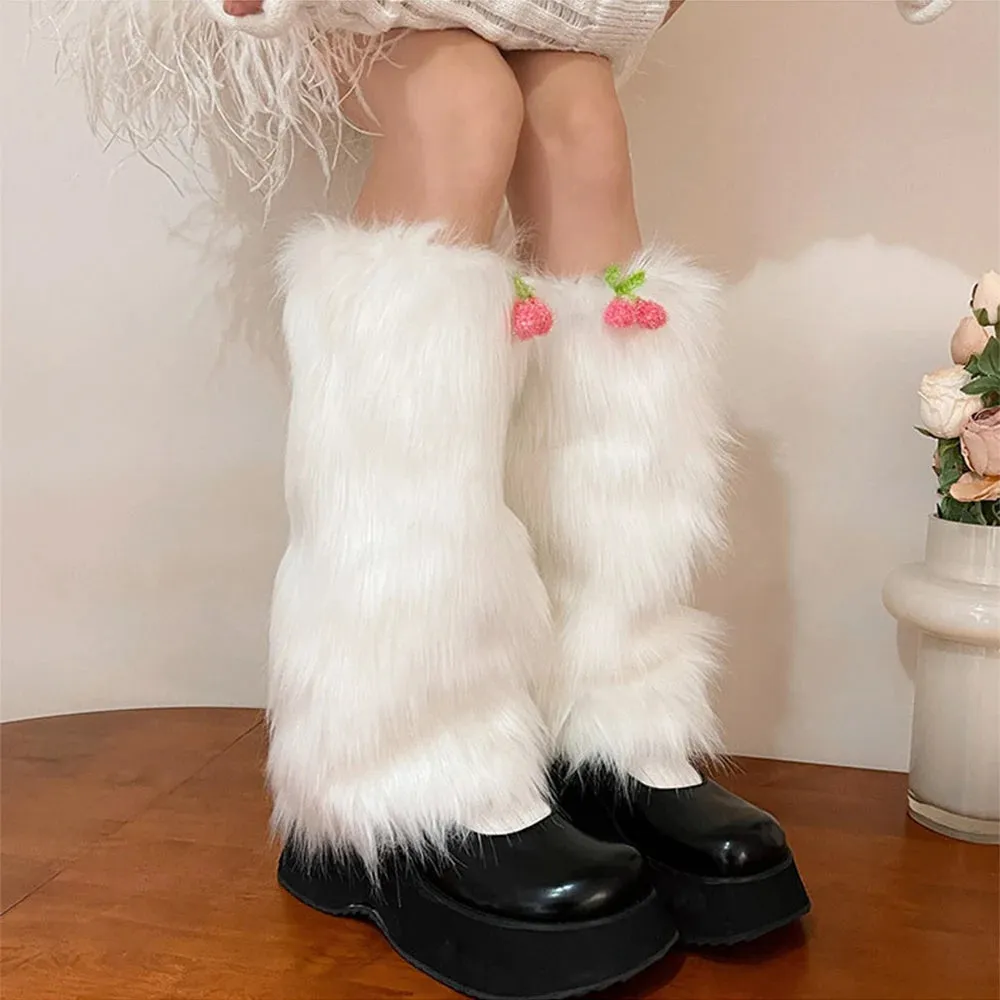 Sohiwoo Kawaii Fur Faux Leg Warmers Cherry Lolita Japanese Women Leggings Boots Covers Y2k Girls Harajuku Fur Foot Warming New Year Gift