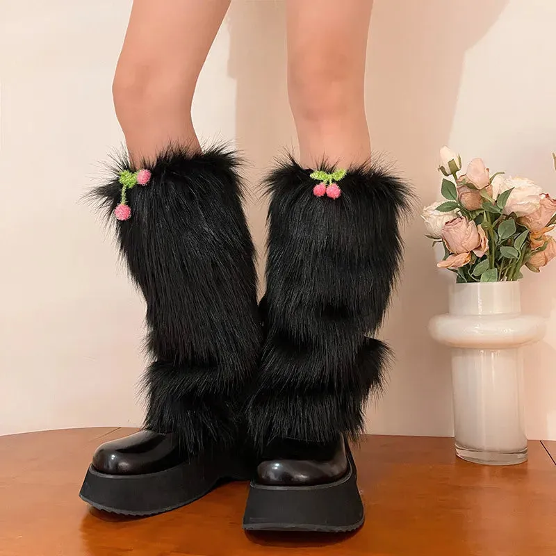 Sohiwoo Kawaii Fur Faux Leg Warmers Cherry Lolita Japanese Women Leggings Boots Covers Y2k Girls Harajuku Fur Foot Warming New Year Gift