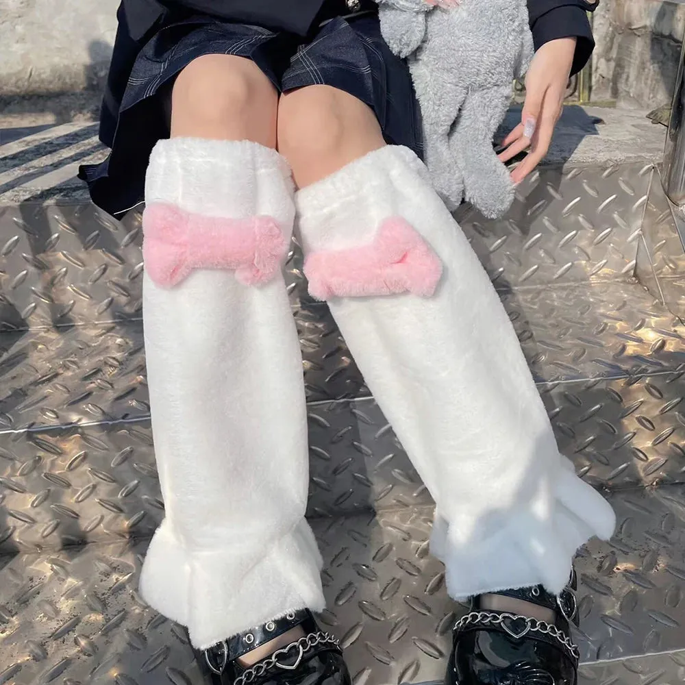 Sohiwoo Kawaii Japanese Plush Fur Bow Leg Warmers Leg Covers Winter Warm Y2K Boot Cuffs Harajuku JK Lolita Sock Thigh High Socks