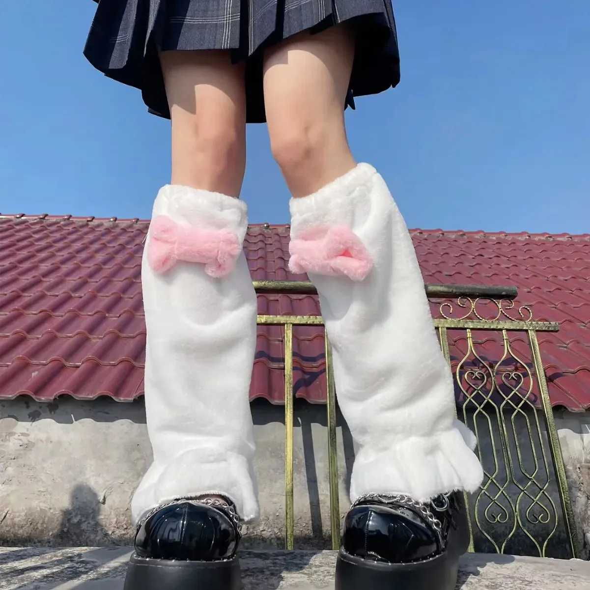 Sohiwoo Kawaii Japanese Plush Fur Bow Leg Warmers Leg Covers Winter Warm Y2K Boot Cuffs Harajuku JK Lolita Sock Thigh High Socks