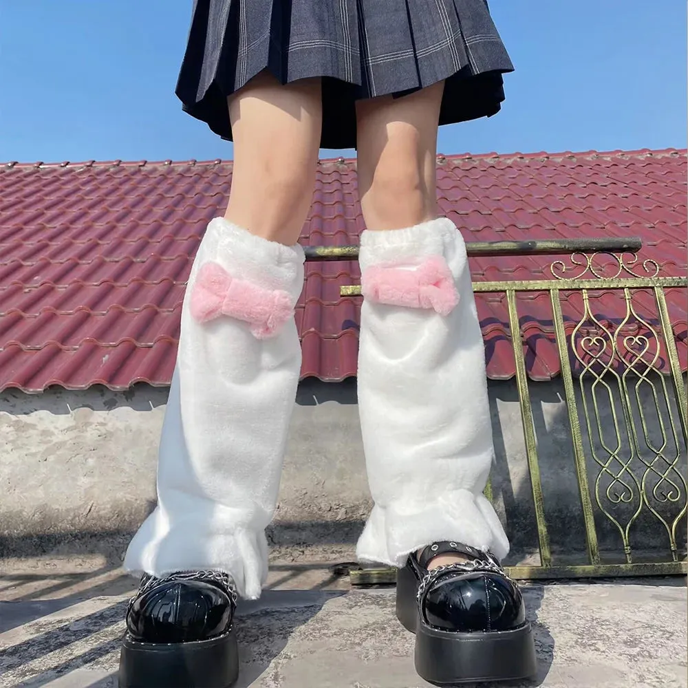 Sohiwoo Kawaii Japanese Plush Fur Bow Leg Warmers Leg Covers Winter Warm Y2K Boot Cuffs Harajuku JK Lolita Sock Thigh High Socks