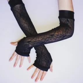 Spiderweb Long Fingerless Gloves Adults Girls Sizes