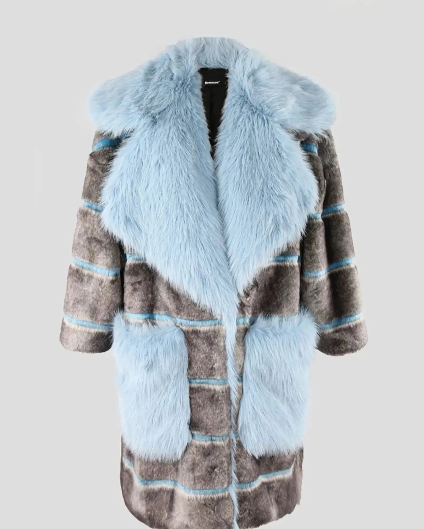 Striped Patchwork Faux Fur Lapel Collar Coat