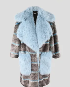 Striped Patchwork Faux Fur Lapel Collar Coat