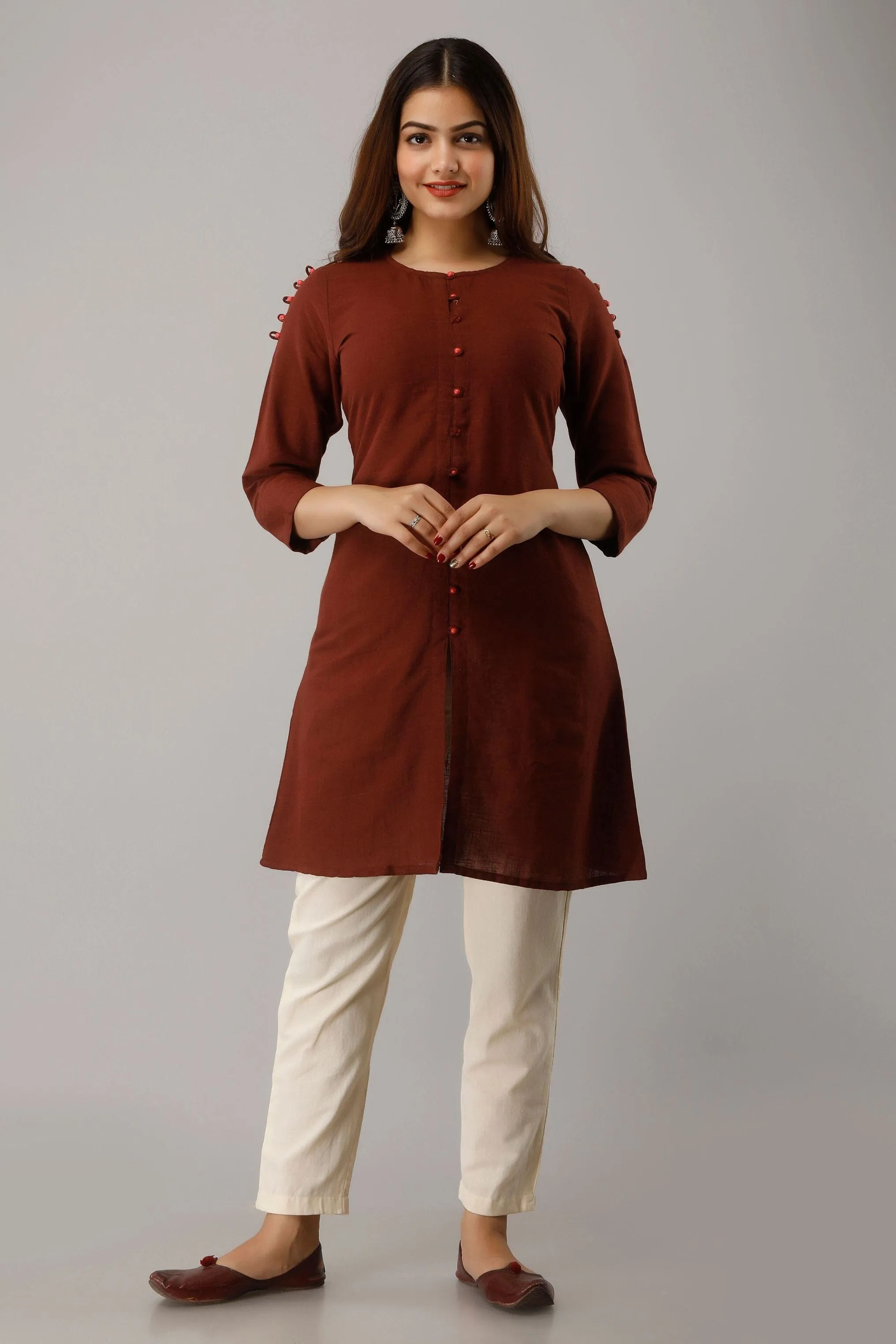 SVARCHI Women's Cotton Slub Solid Straight Tunic Kurti (Chocolate)