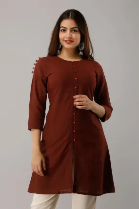 SVARCHI Women's Cotton Slub Solid Straight Tunic Kurti (Chocolate)