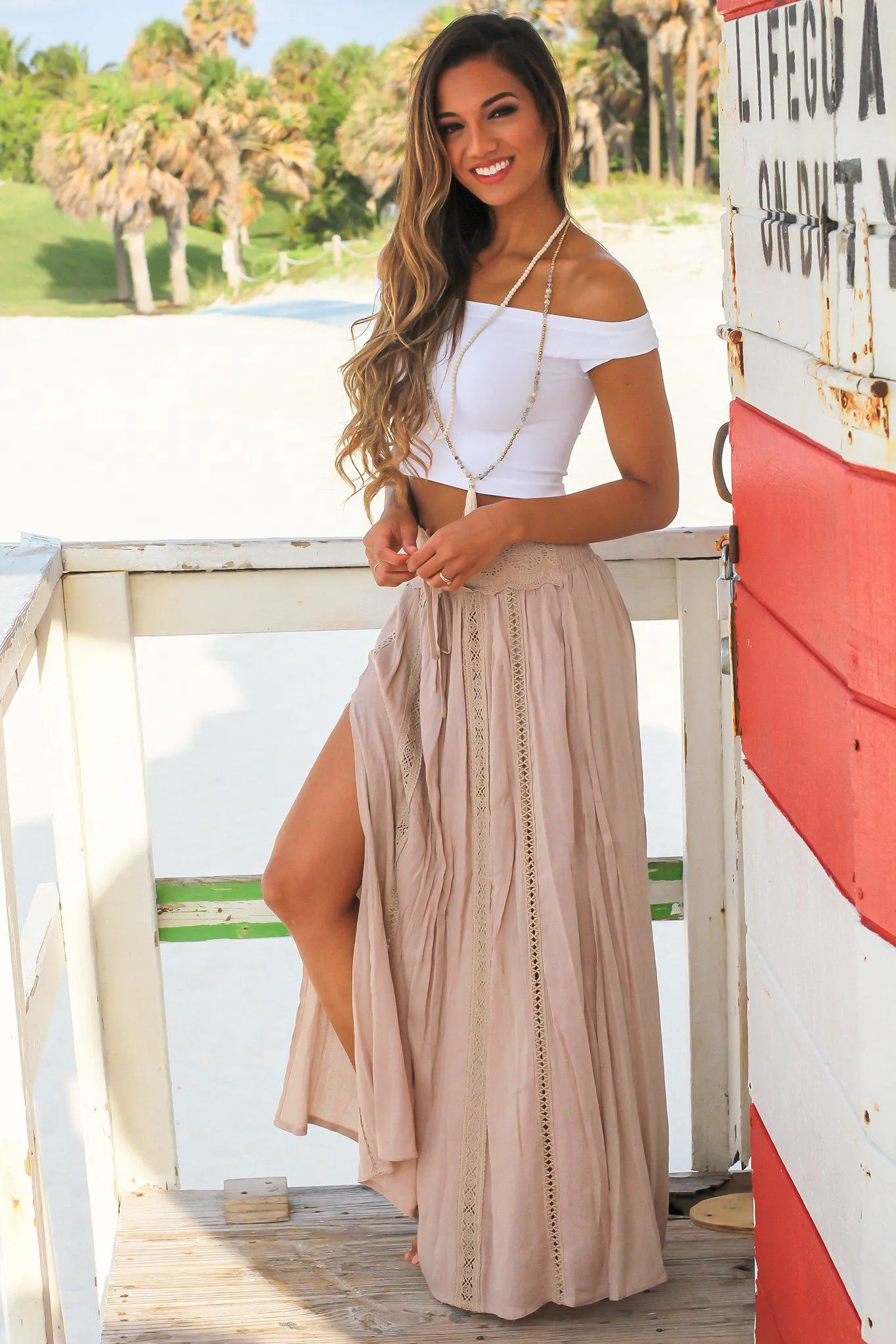 Tan Maxi Skirt with Crochet Detail