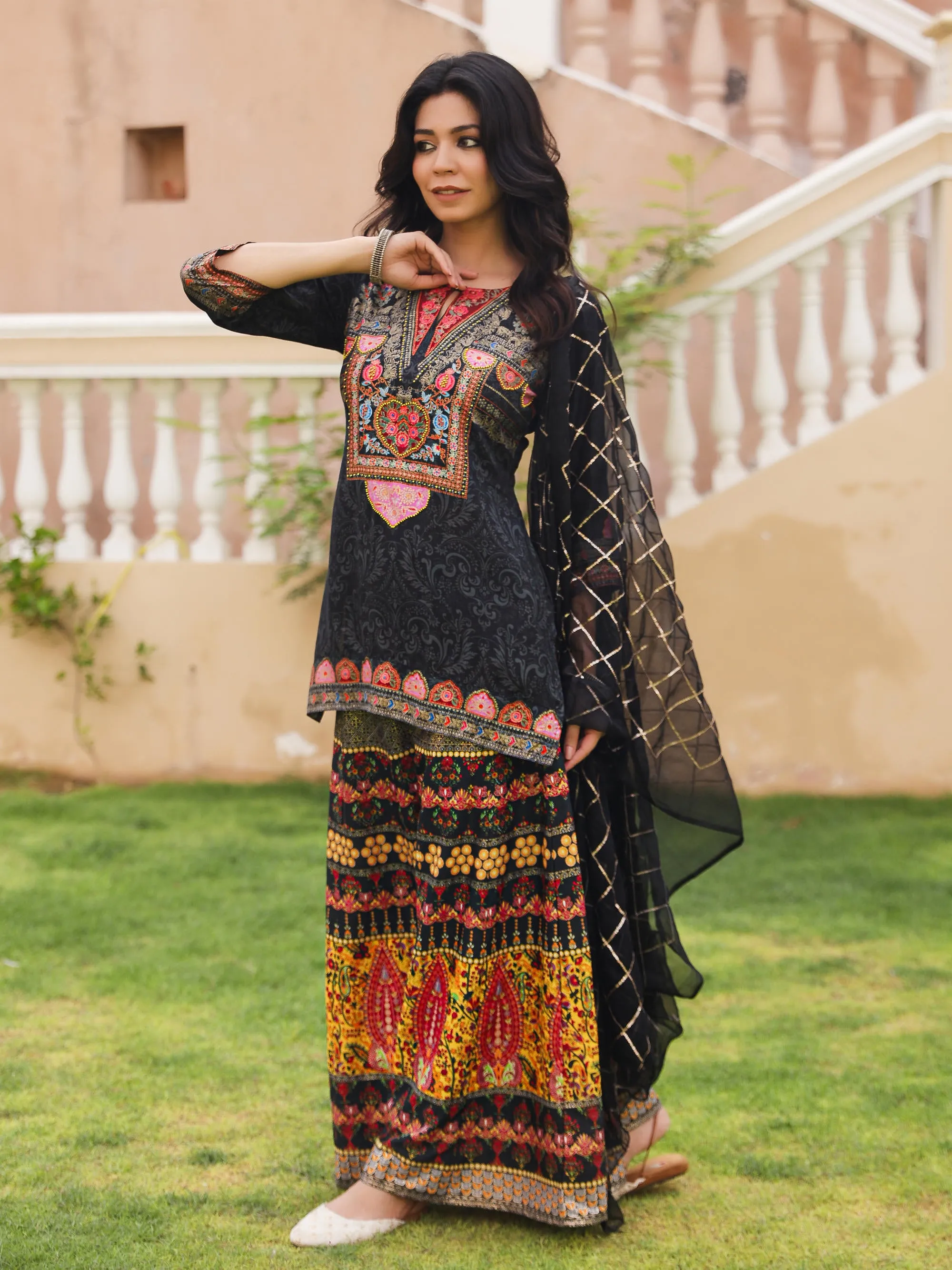 The Dholitaro Black Ethnic Motif Printed Viscose Tunic Sharara & Dupatta Set With Sequins Thread Work