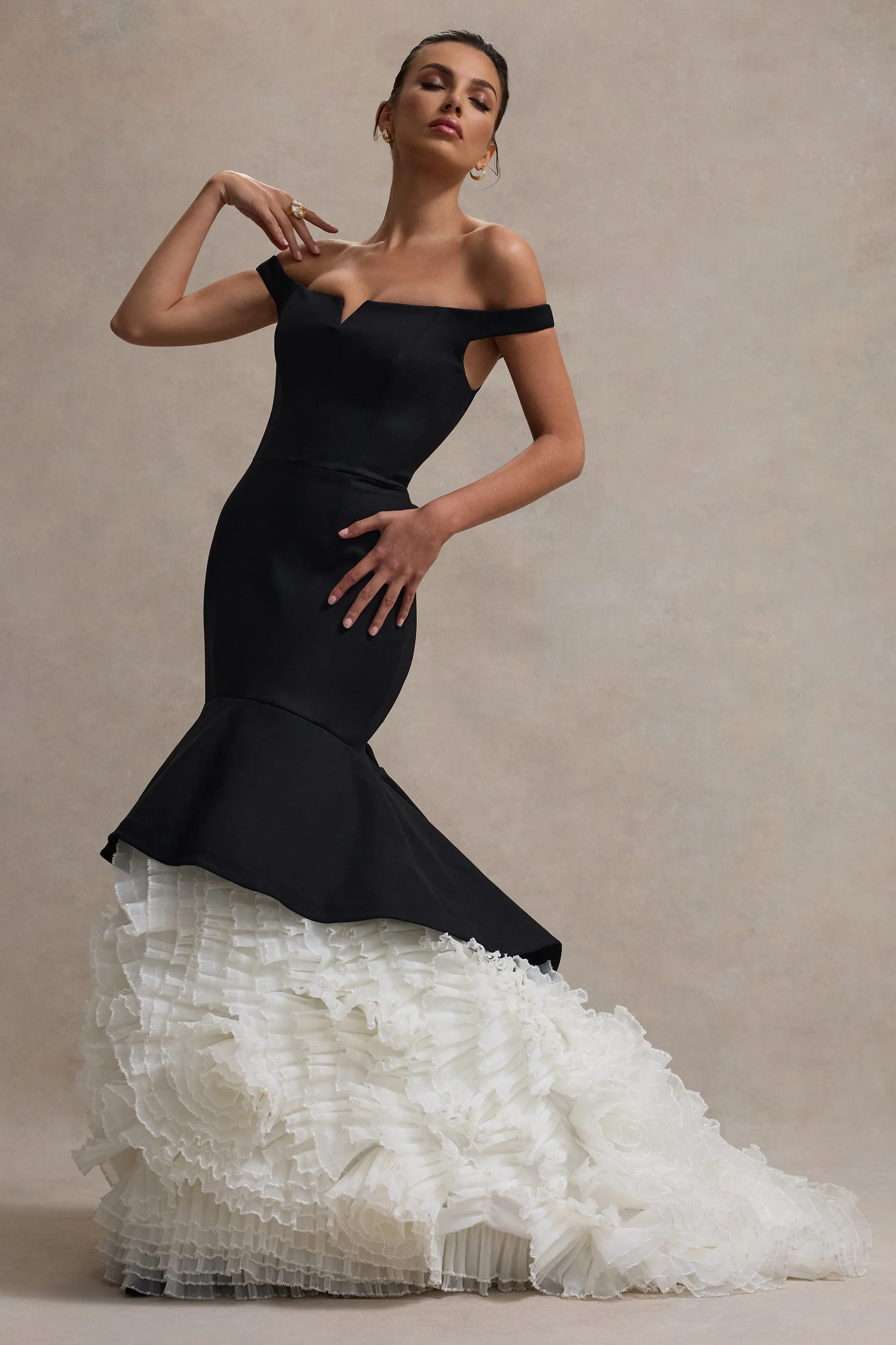 The Greatest | Black & Cream Bardot Maxi Dress With Tulle Skirt