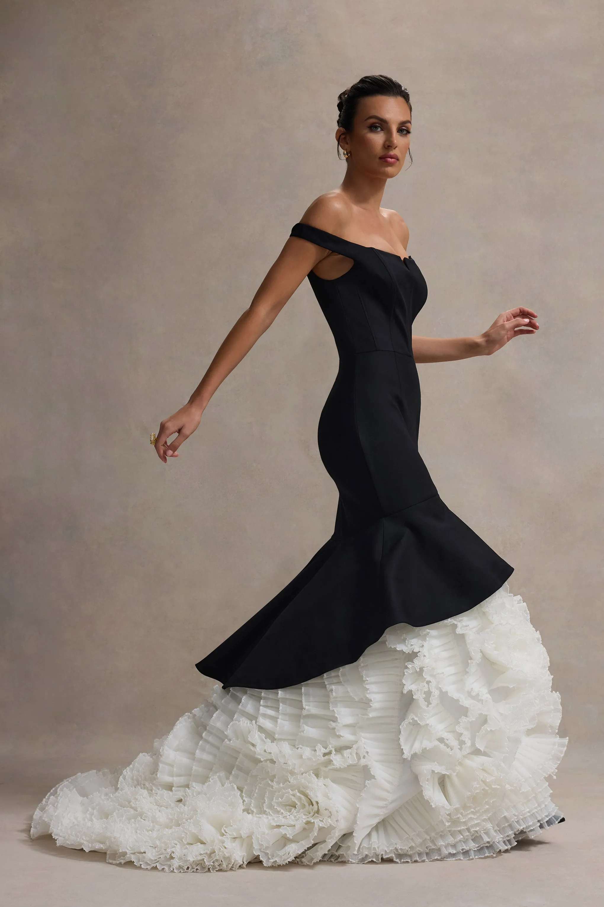 The Greatest | Black & Cream Bardot Maxi Dress With Tulle Skirt