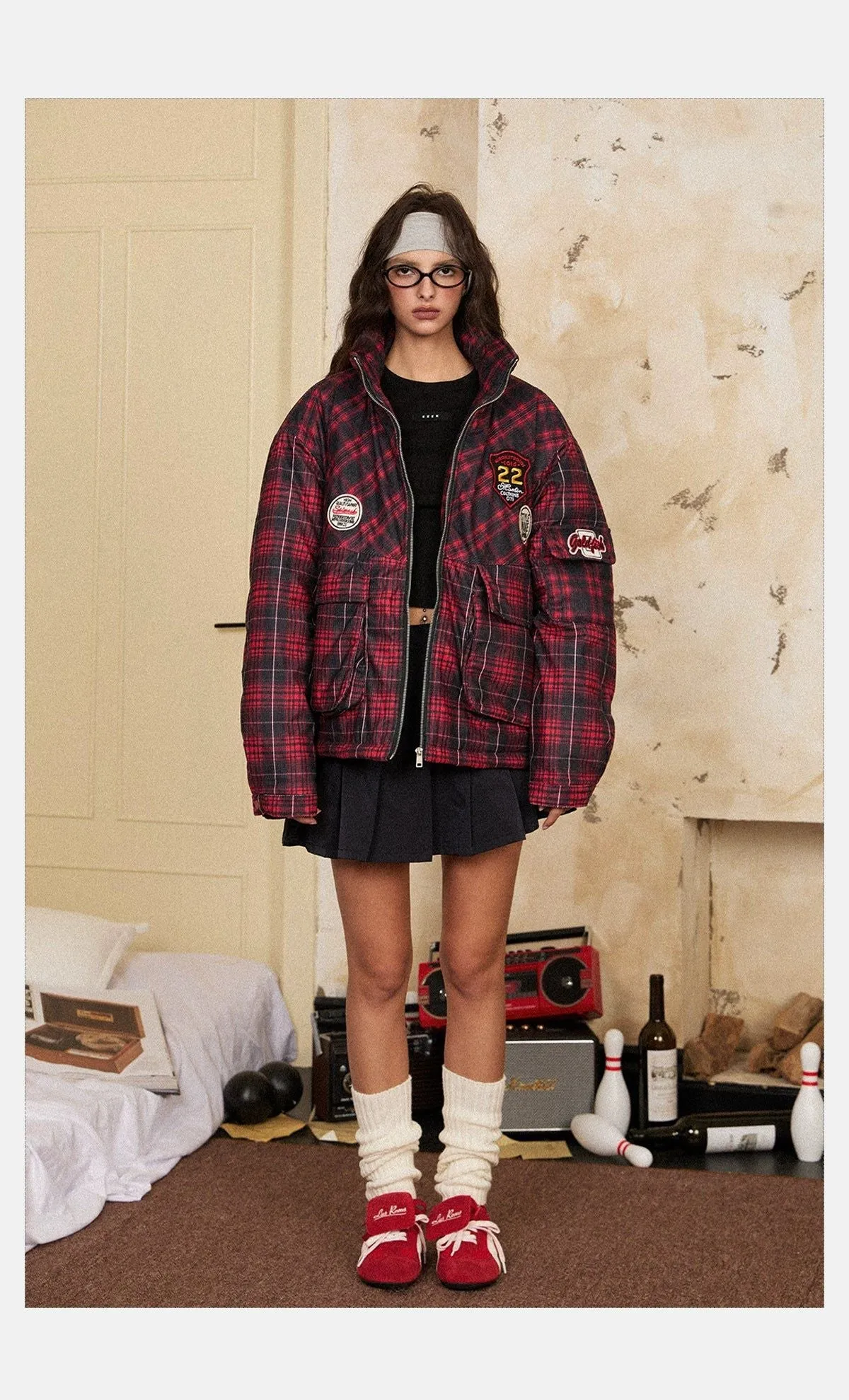 Tom Plaid Embroidery Detail Puffer Jacket