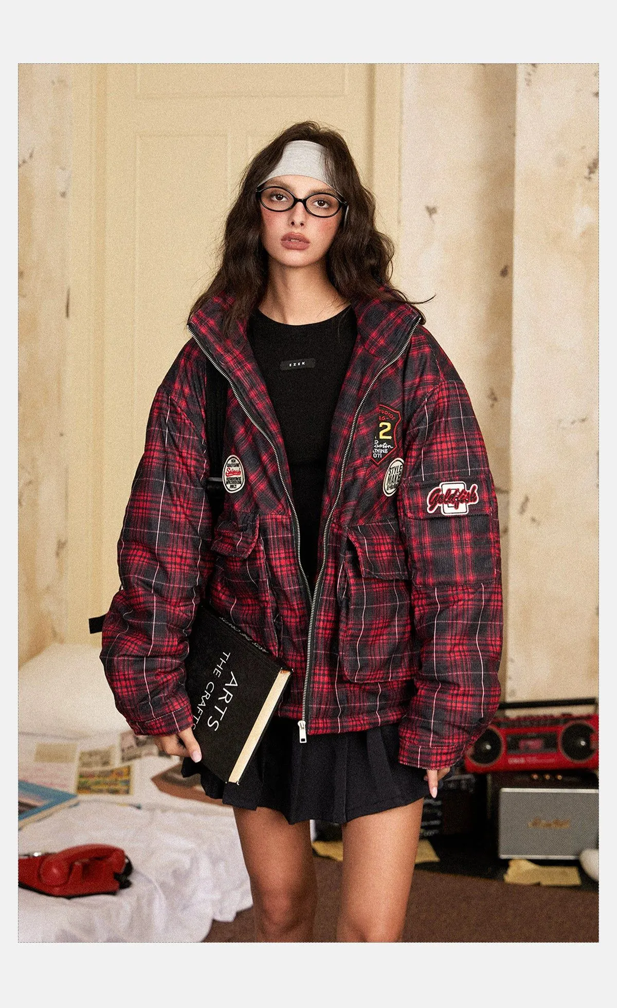 Tom Plaid Embroidery Detail Puffer Jacket