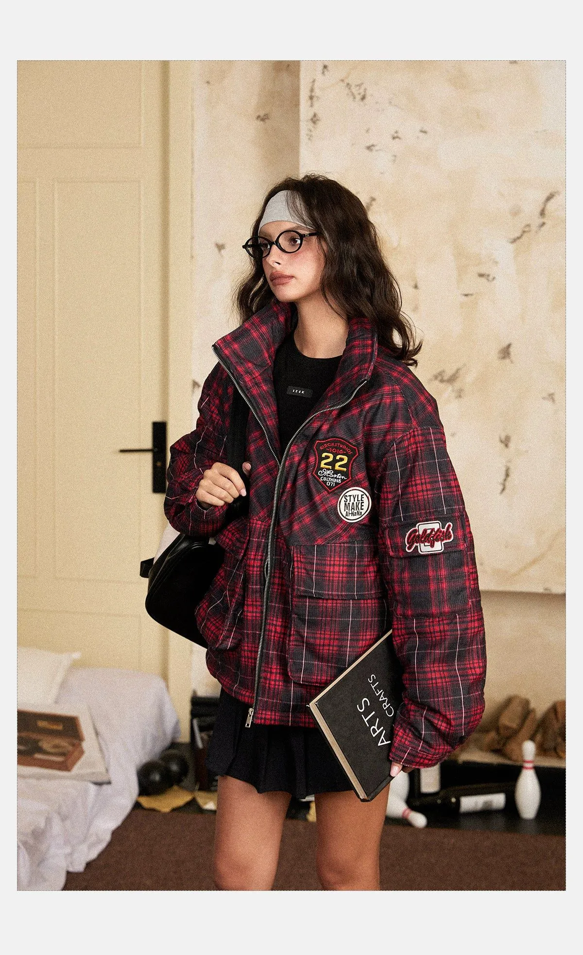 Tom Plaid Embroidery Detail Puffer Jacket