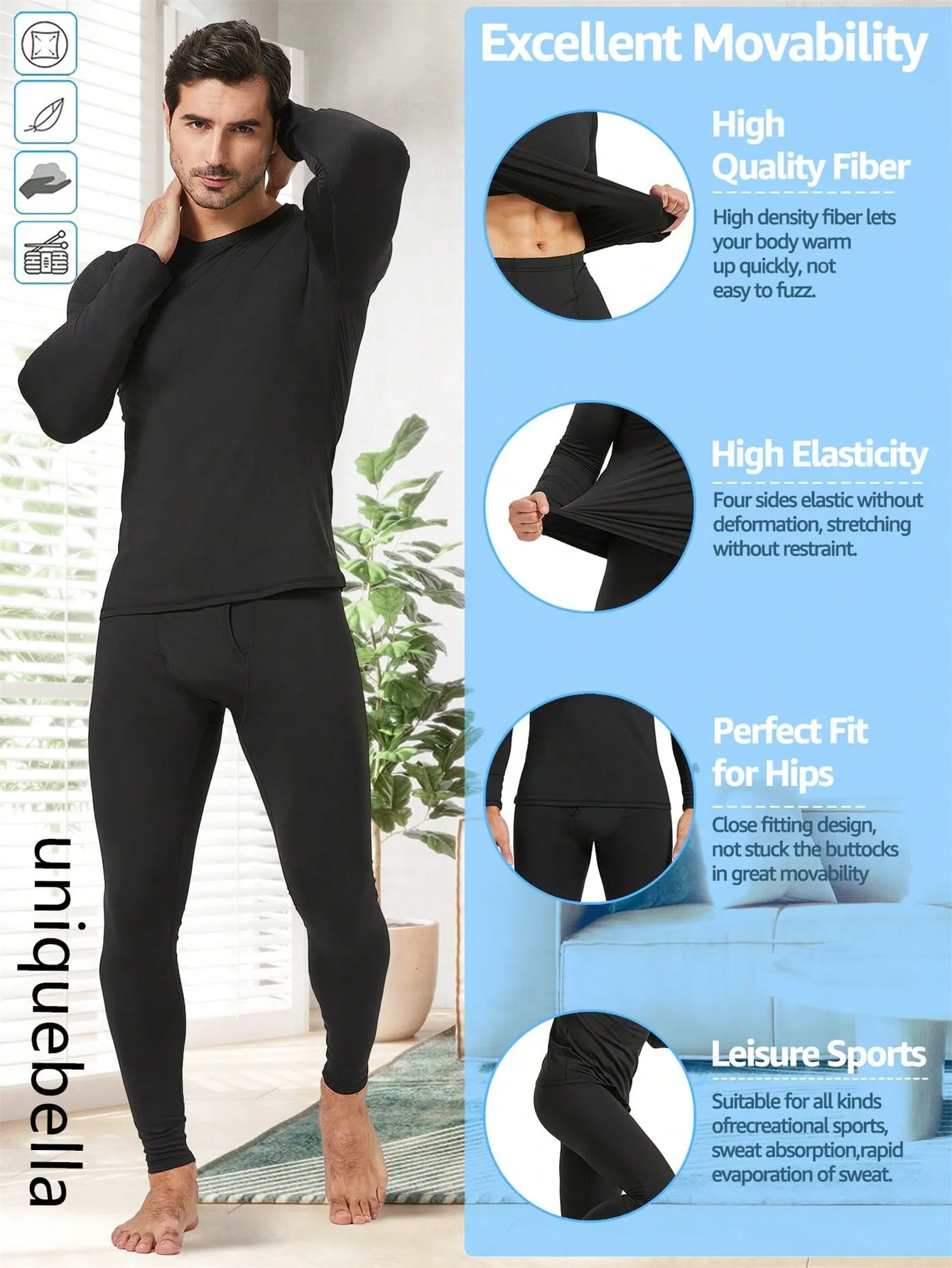 UNIQUEBELLA Thermal Underwear For Men Long Johns With Fleece Lined, Base Layer Men Cold Weather Top Bottom, Sports