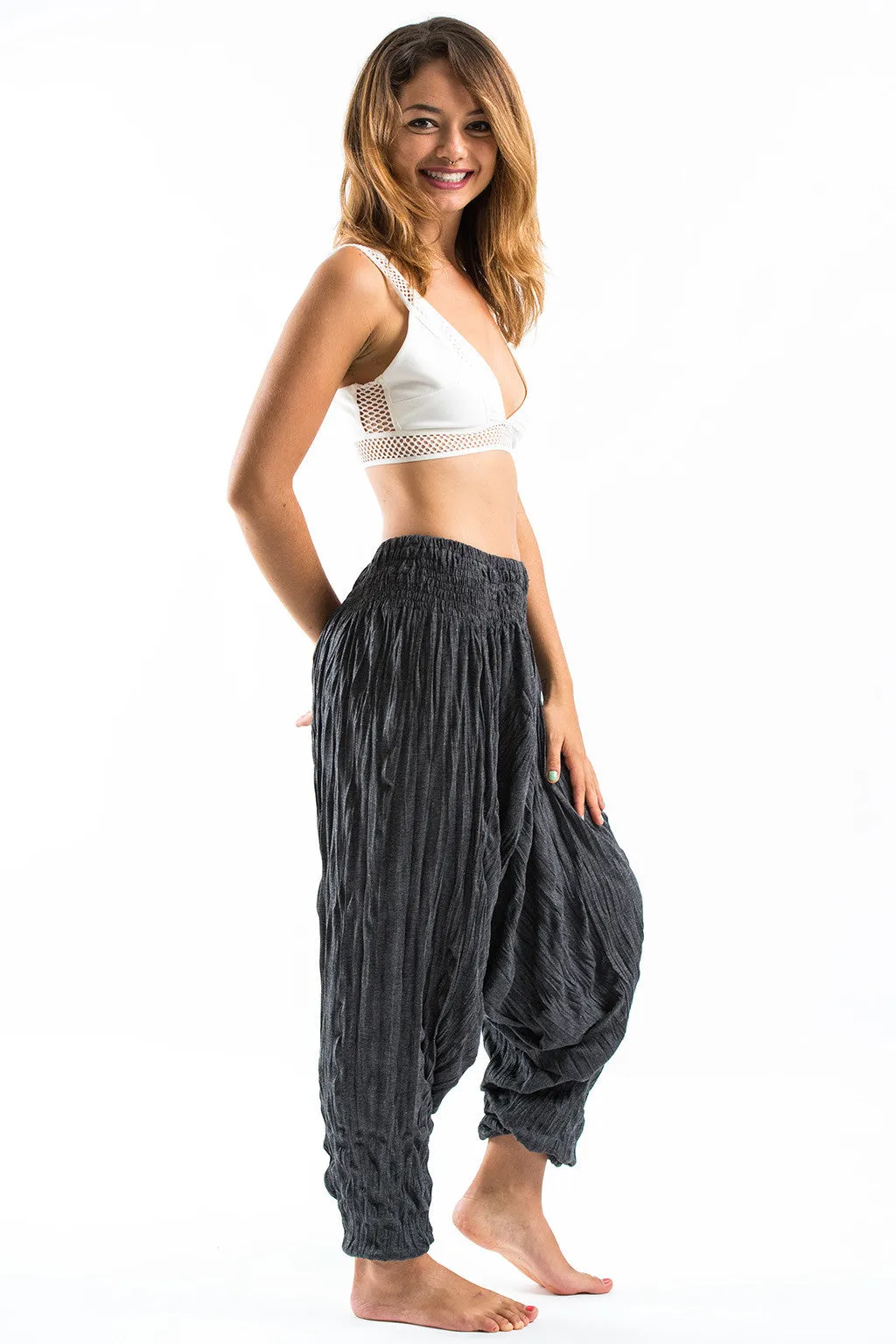 Unisex Crinkled Cotton Harem Pants in Black