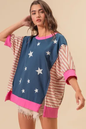 US Flag Theme Color Block Star Patch T-Shirt