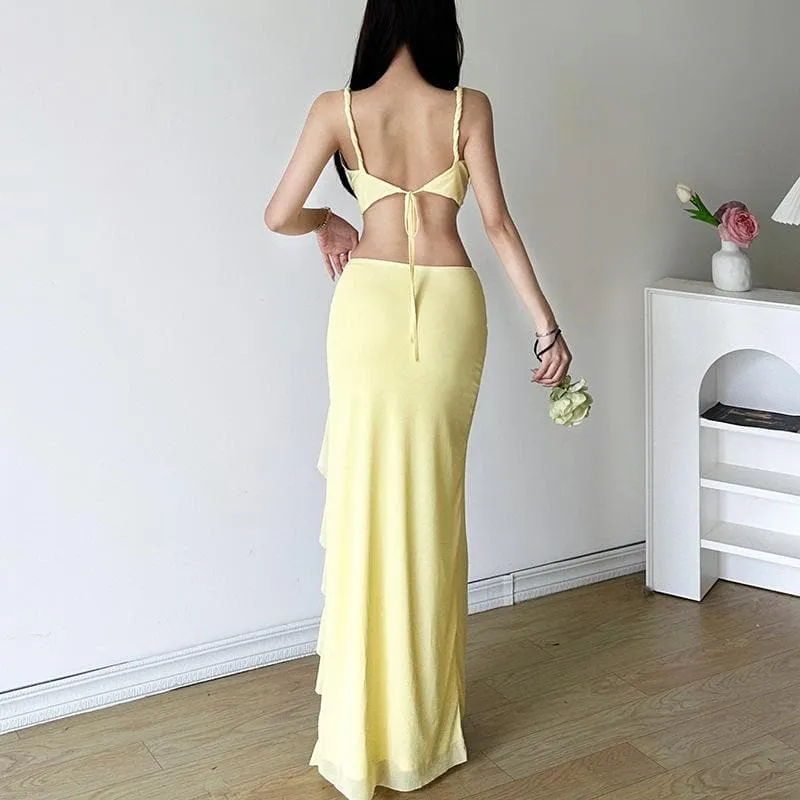 V neck ruffle mesh backless cami maxi skirt set