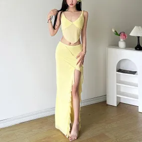 V neck ruffle mesh backless cami maxi skirt set