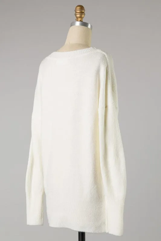 V neck tunic sweater in ivory S-L