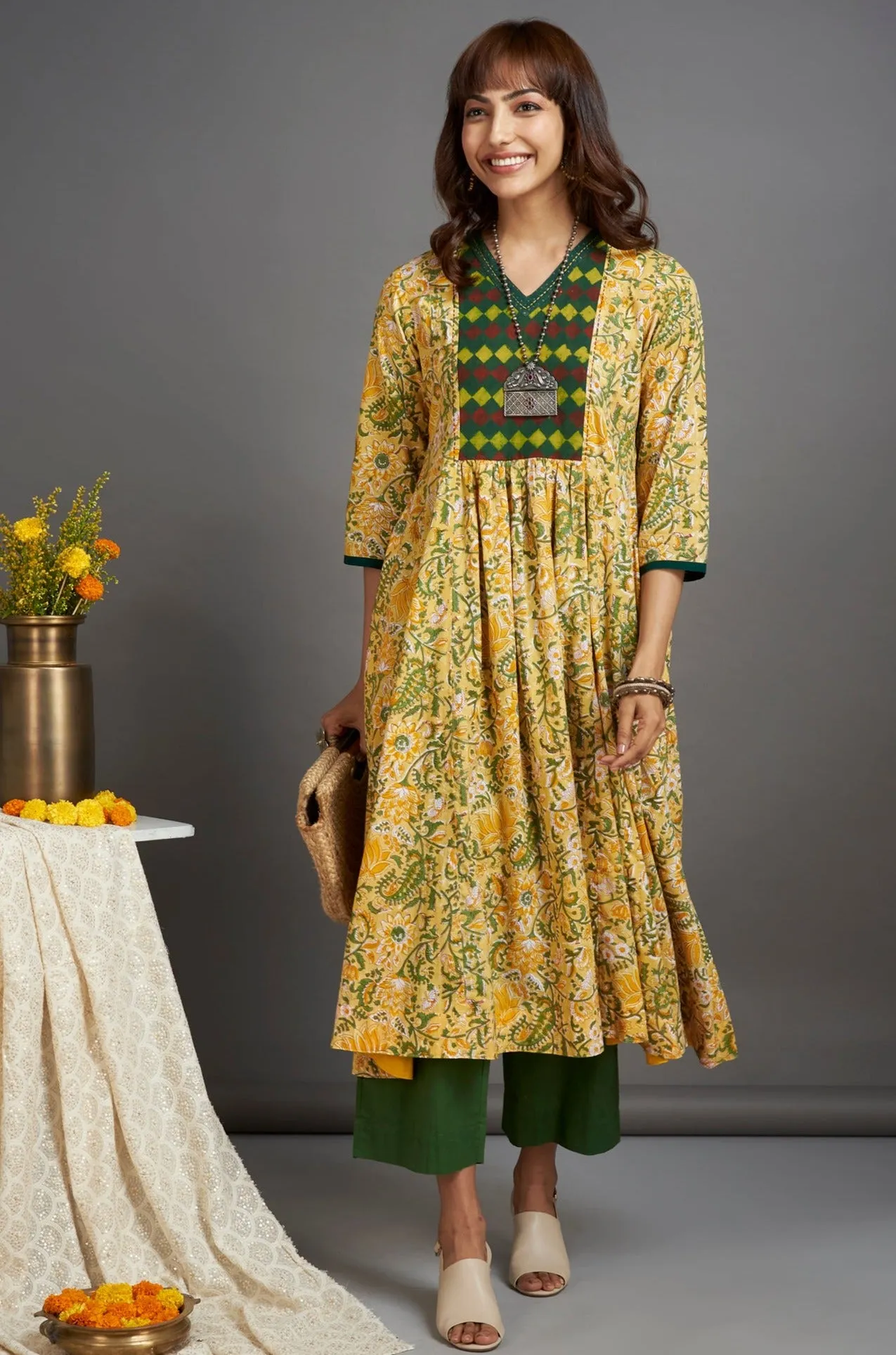 v-neck  yoke anarkali - illuminating yellow & herb garden