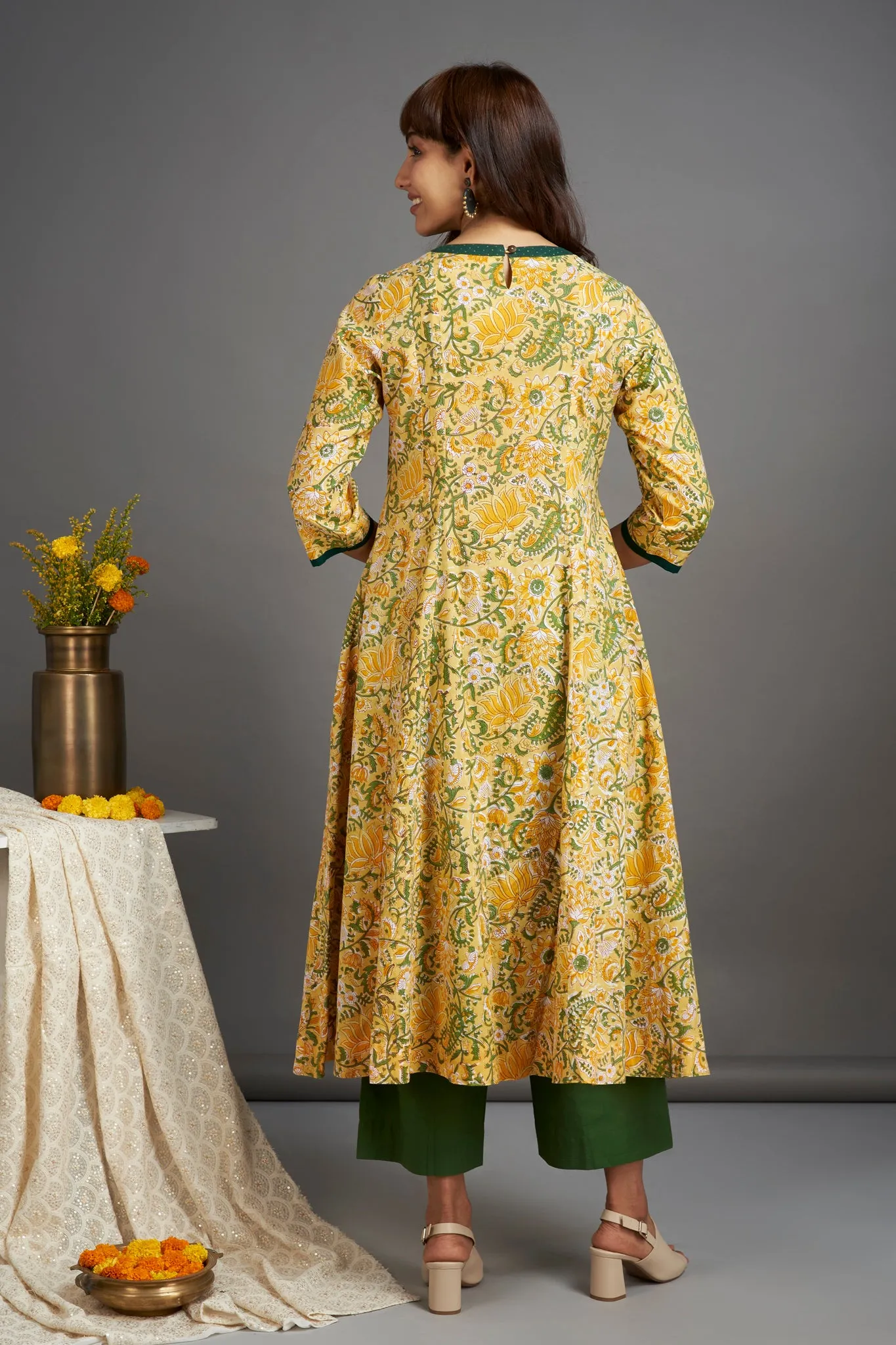 v-neck  yoke anarkali - illuminating yellow & herb garden