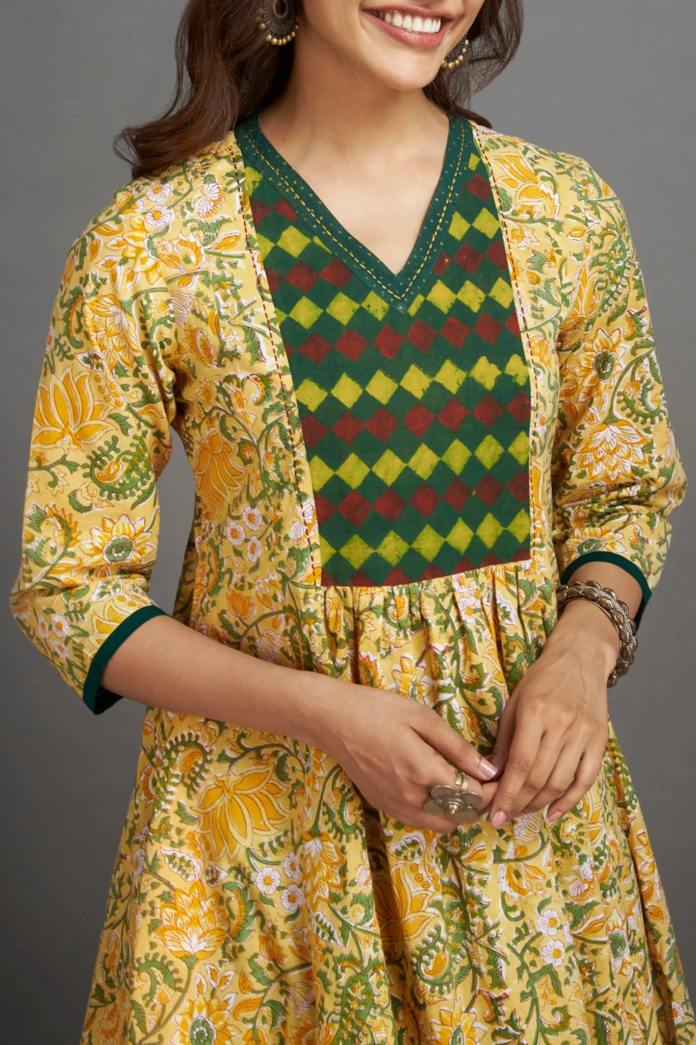 v-neck  yoke anarkali - illuminating yellow & herb garden