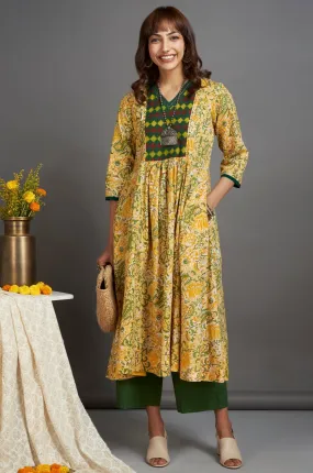 v-neck  yoke anarkali - illuminating yellow & herb garden