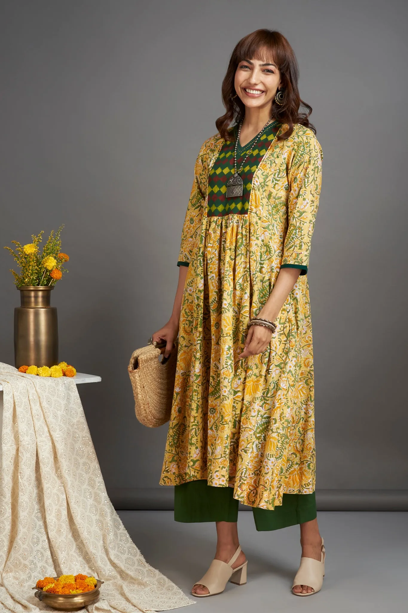 v-neck  yoke anarkali - illuminating yellow & herb garden