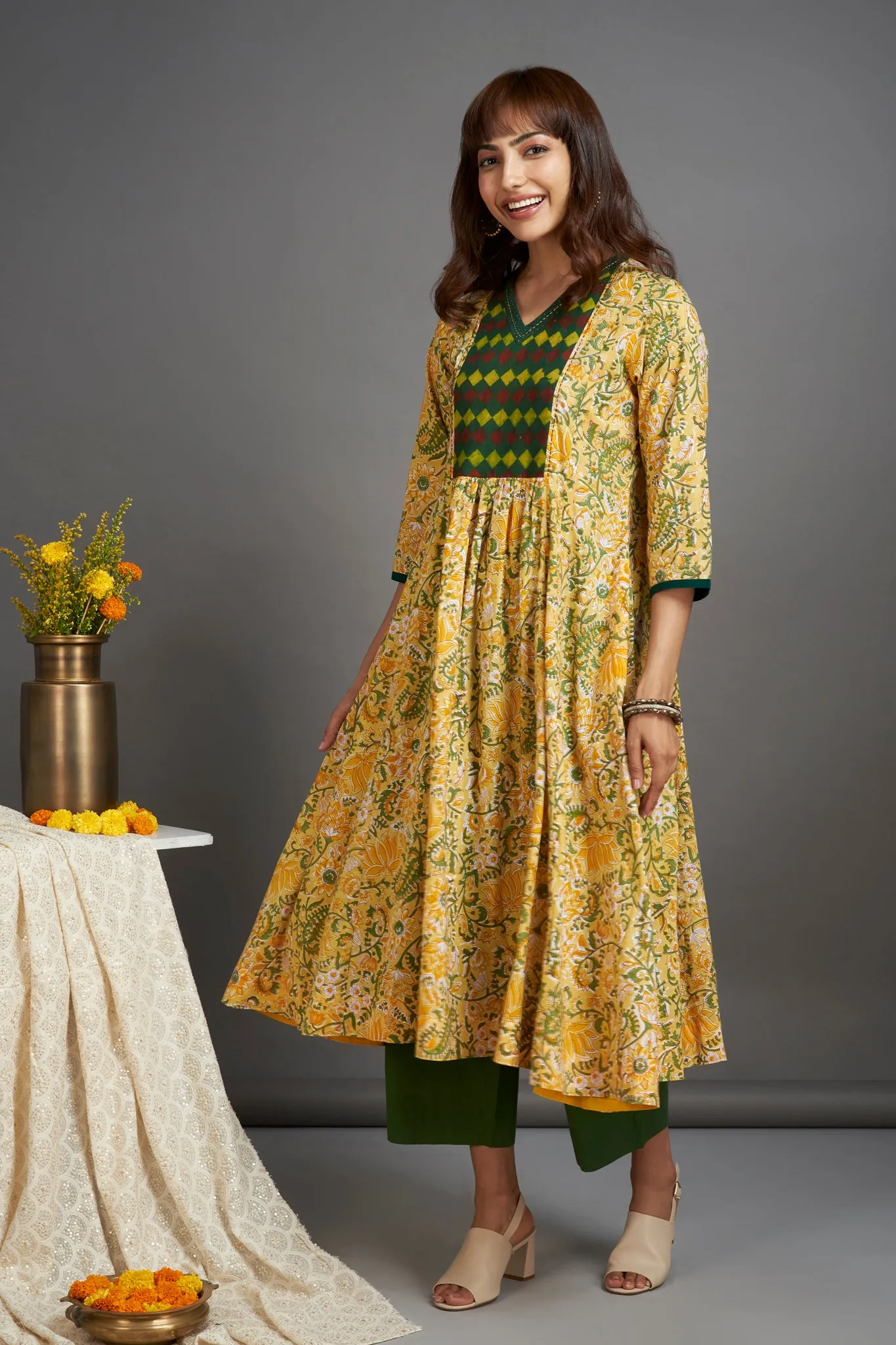 v-neck  yoke anarkali - illuminating yellow & herb garden