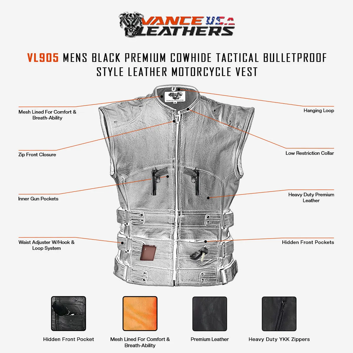 VL905 Tactical Bullet Proof Style Naked Cowhide Leather Vest