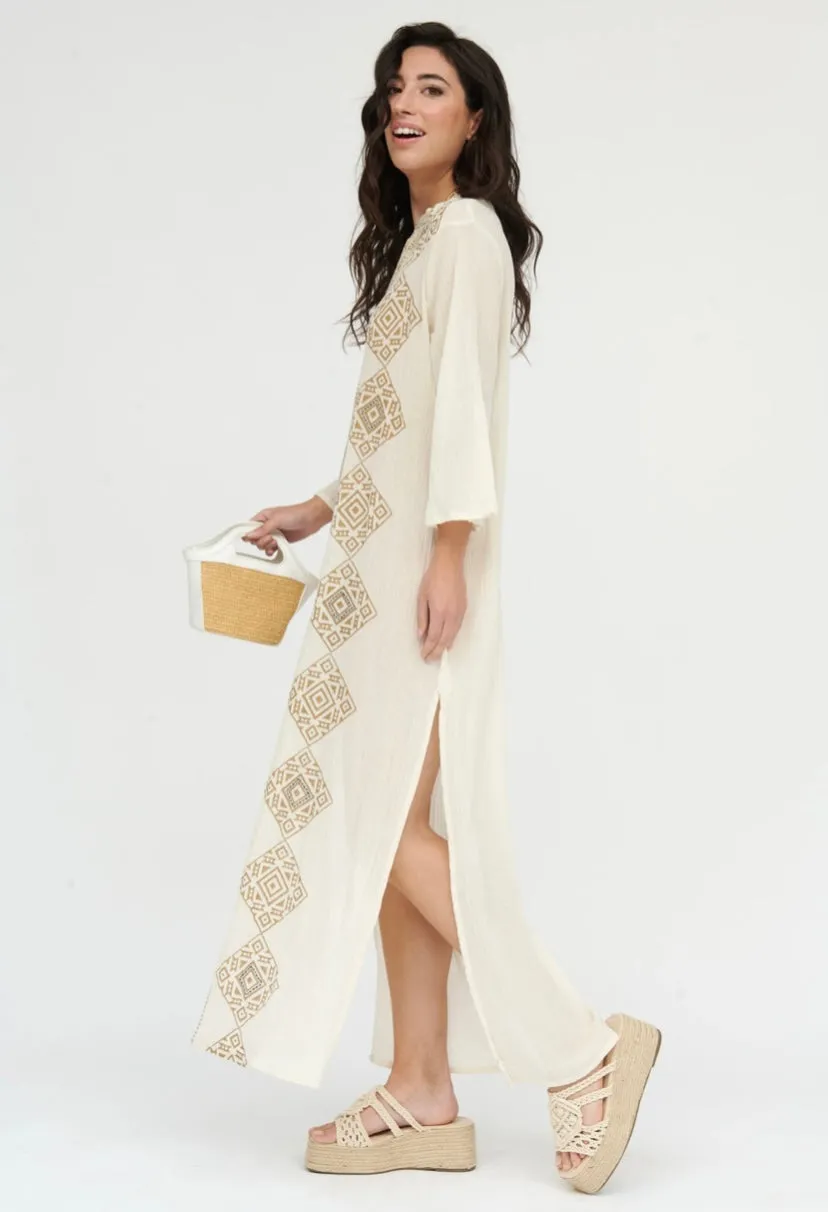 White linen Tunic with Aztec Print