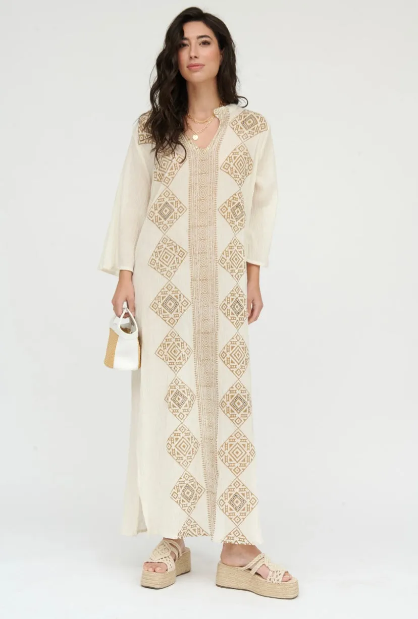 White linen Tunic with Aztec Print