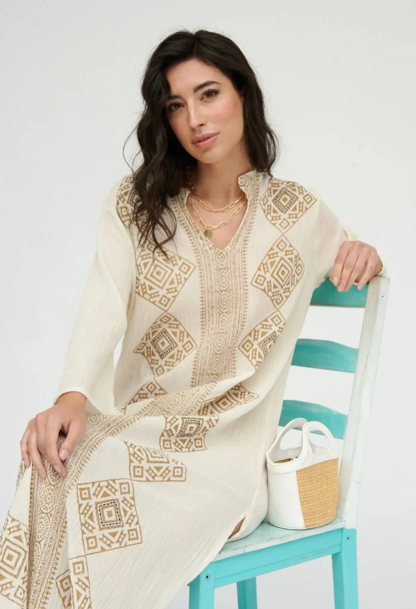 White linen Tunic with Aztec Print