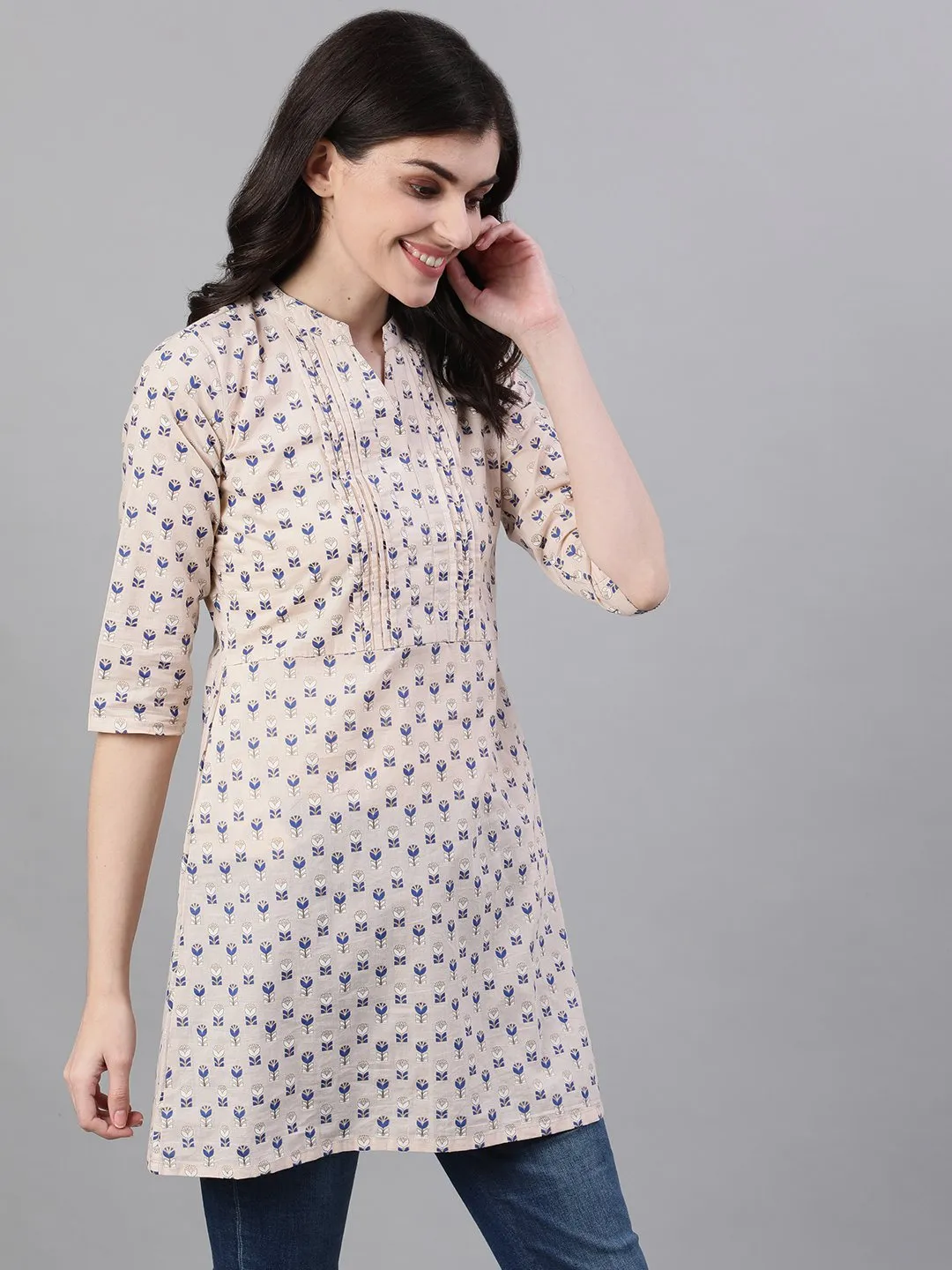 Women Beige And Blue Pin-Tuck Tunic