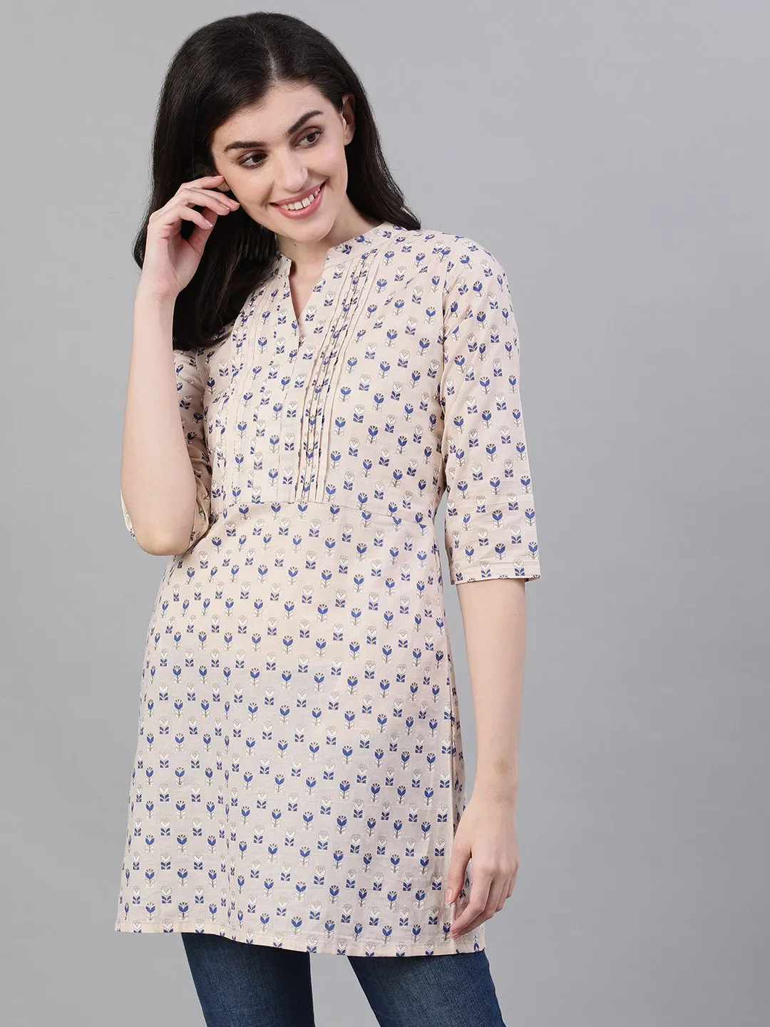 Women Beige And Blue Pin-Tuck Tunic