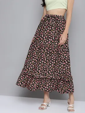 Women Black Ditsy Floral Flared Tiered Maxi Skirt