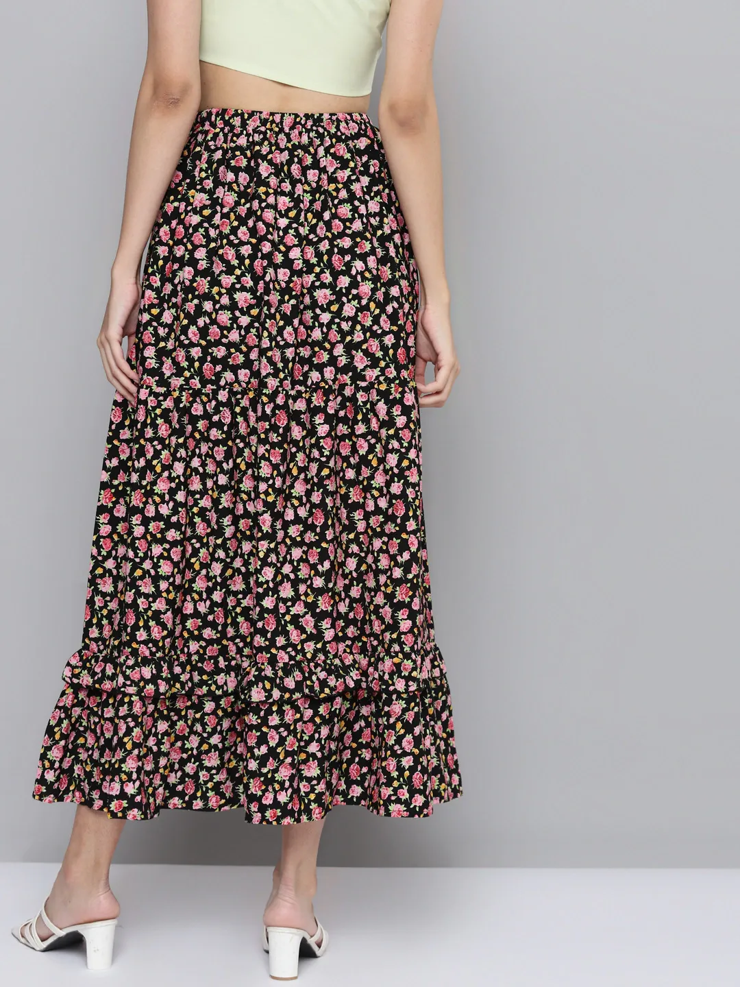 Women Black Ditsy Floral Flared Tiered Maxi Skirt