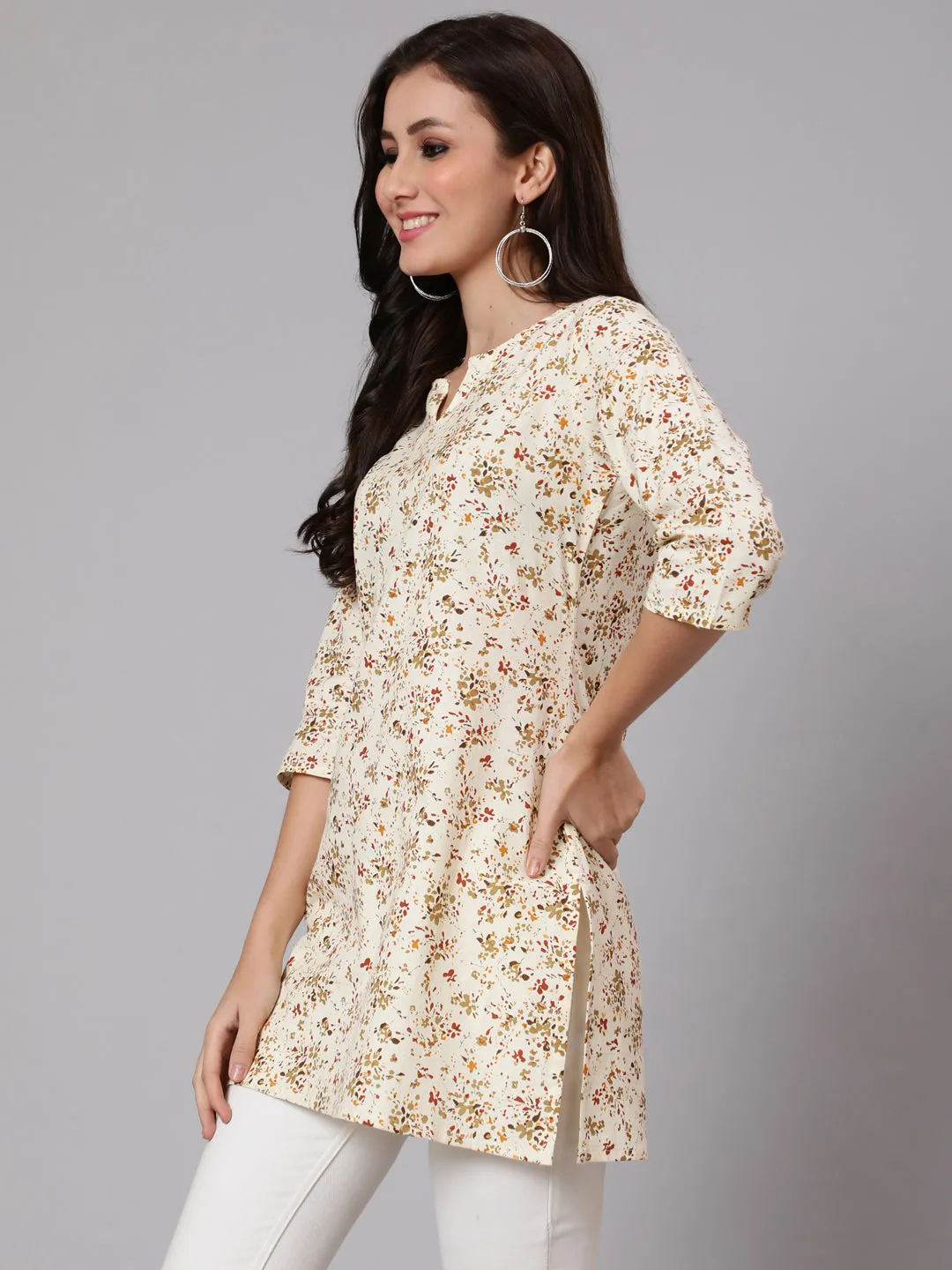 Women Cream Ethnic Printed Straight Tunic