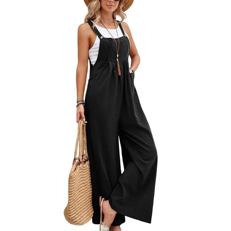 Women Long Bib Pants Overalls Casual Loose Rompers Jumpsuits With Pockets