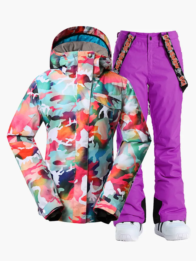 Women Ski Suits Camo Snowboard Jacket Pants Sets