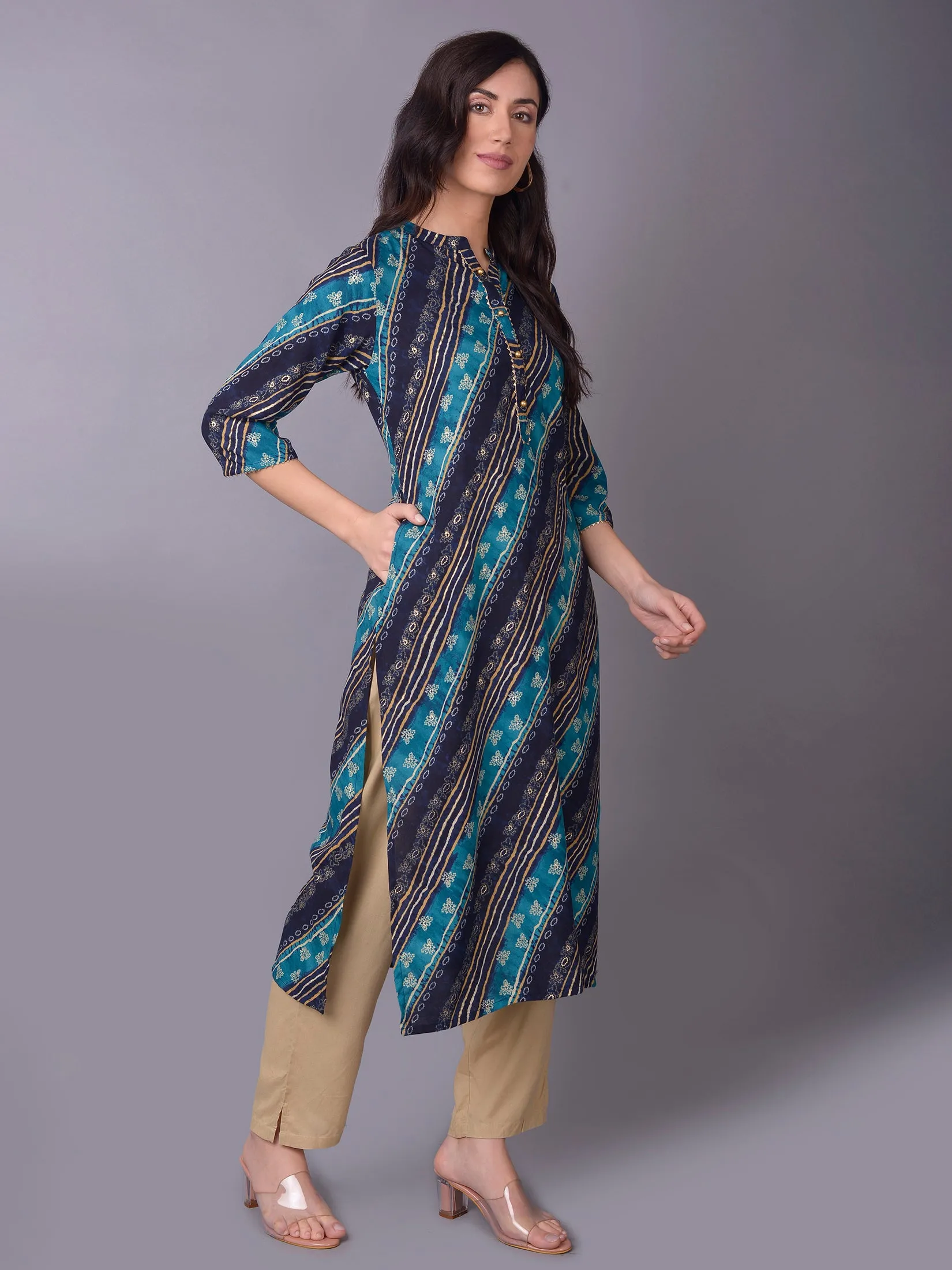 Women Teal Ornamental Printed Kurta