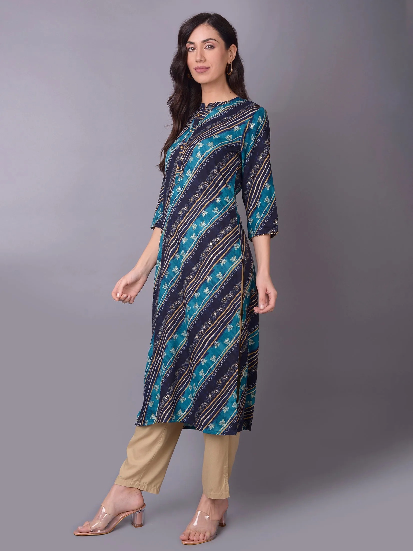 Women Teal Ornamental Printed Kurta